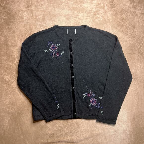 Vintage Y2K Christopher & Banks Beaded Floral Cardigan Sweater Black Knit Boho - Picture 1 of 9